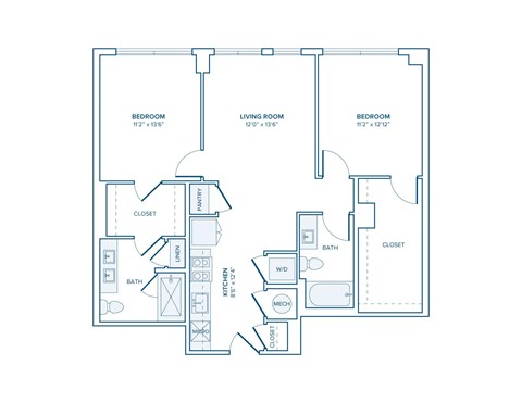 Floor plan for 2 beds, 2 baths, 1003 sqft