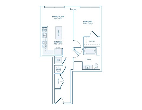Floor plan for 1 bed, 1 bath, 676 sqft