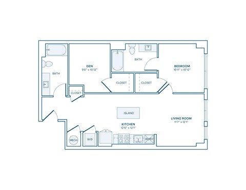 Floor plan for 1 bed, 1 bath, 874 sqft