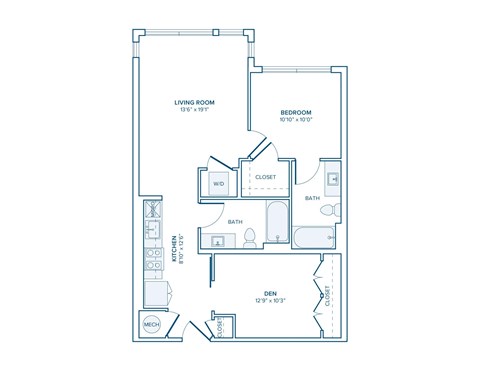 Floor plan for 1 bed, 1 bath, 819 sqft