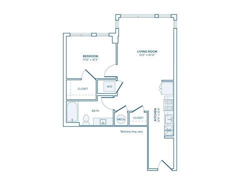 Floor plan for 1 bed, 1 bath, 672 sqft