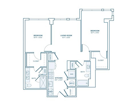 Floor plan for 2 beds, 2 baths, 1031 sqft