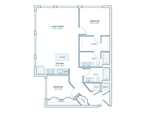 Floor plan for 2 beds, 2 baths, 1101 sqft