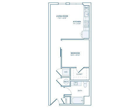 Floor plan for studio, 1 bath, 605 sqft