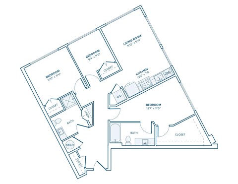 Floor plan for 3 beds, 2 baths, 1107 sqft