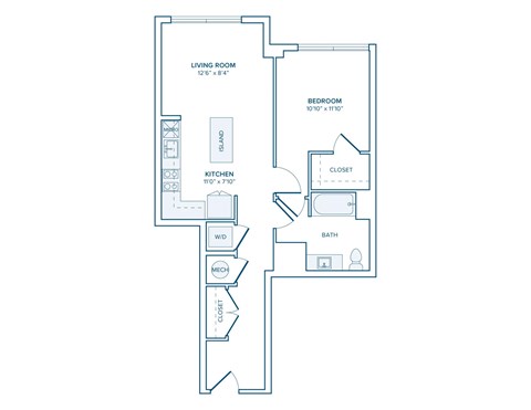 Floor plan for 1 bed, 1 bath, 718 sqft