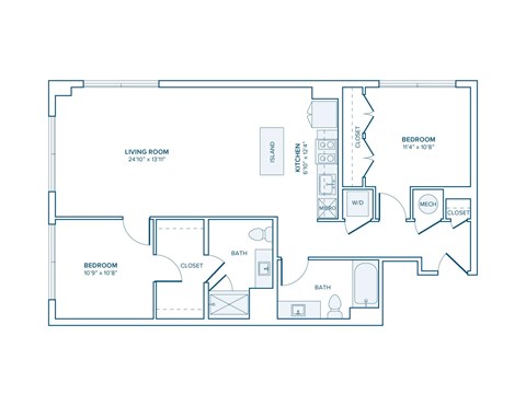 Floor plan for 2 beds, 2 baths, 1063 sqft