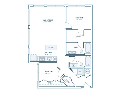 Floor plan for 2 beds, 2 baths, 1109 sqft