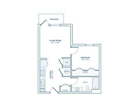 Floor plan for 1 bed, 1 bath, 562 sqft