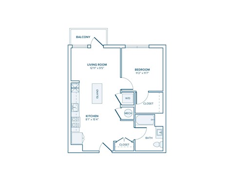 Floor plan for 1 bed, 1 bath, 648 sqft