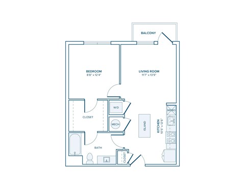 Floor plan for 1 bed, 1 bath, 648 sqft