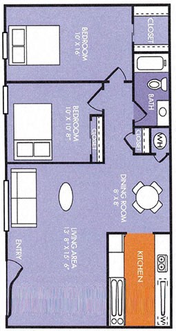 Floor plan for 2 beds, 1 bath, 829 sqft