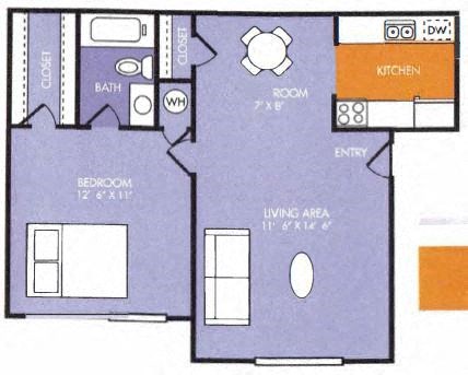 Floor plan for 1 bed, 1 bath, 588 sqft