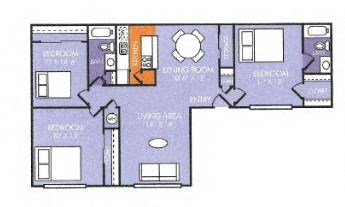 Floor plan for 3 beds, 2 baths, 1148 sqft