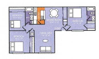Floor plan for 3 beds, 2 baths, 1148 sqft