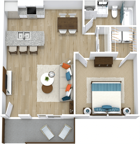Floor plan for 1 bed, 1 bath, 636 sqft