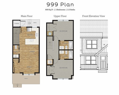Floor plan for 2 beds, 2.5 baths, 999 sqft