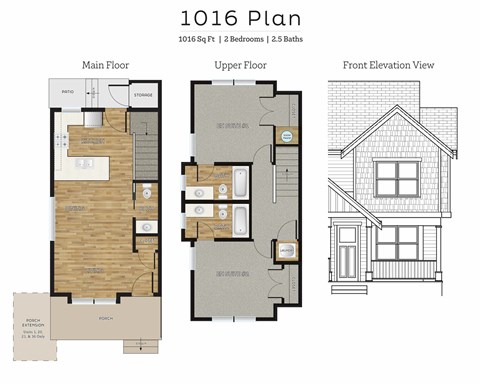 Floor plan for 2 beds, 2.5 baths, 1016 sqft
