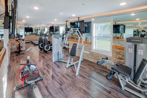 Melbourne apartment for rent - A gym with a variety of equipment including a stationary bike, a leg press machine, and a cable machine at Mode at Melbourne, LLC Apartments, Melbourne, 32901