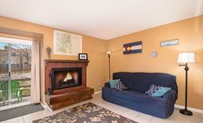 Fort Collins apartment for rent - A living room with a fireplace and a blue couch.