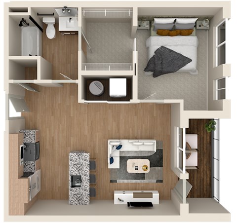 Floor plan for 1 bed, 1 bath, 604 sqft
