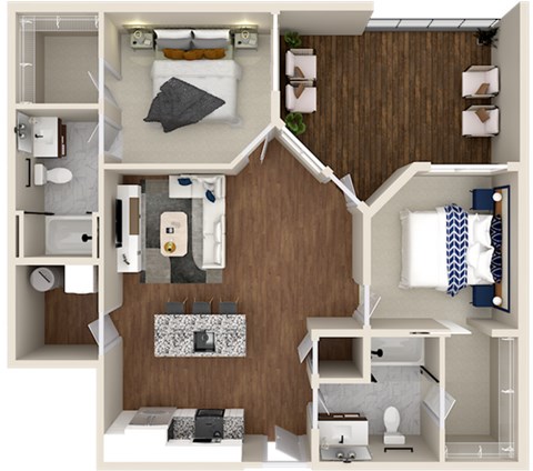 Floor plan for 2 beds, 2 baths, 940 sqft