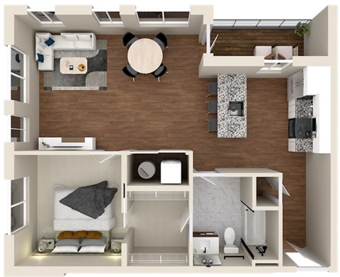 Floor plan for 1 bed, 1 bath, 750 sqft