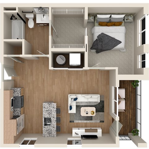 Floor plan for 1 bed, 1 bath, 605 sqft