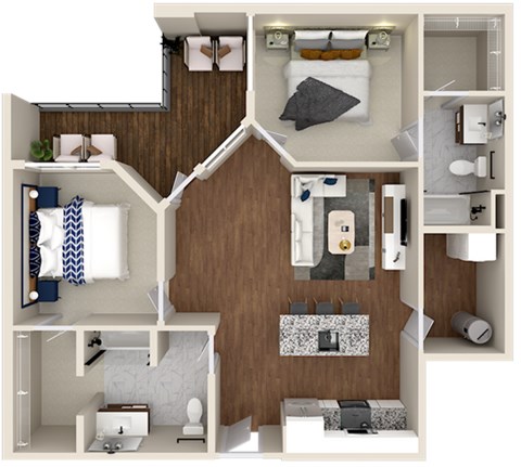Floor plan for 2 beds, 2 baths, 940 sqft
