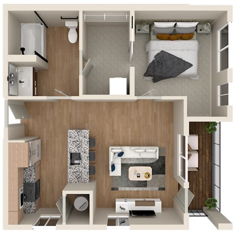 Floor plan for 1 bed, 1 bath, 605 sqft