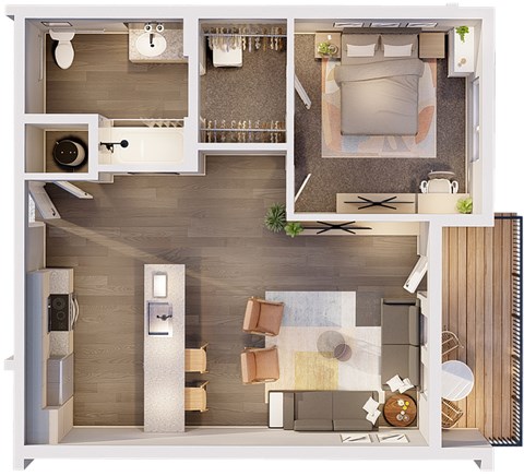 Floor plan for 1 bed, 1 bath, 605 sqft