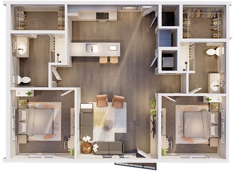 Floor plan for 2 beds, 2 baths, 961 sqft