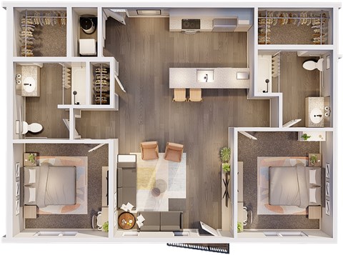 Floor plan for 2 beds, 2 baths, 961 sqft