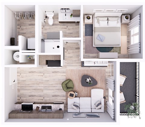 Floor plan for 1 bed, 1 bath, 638 sqft