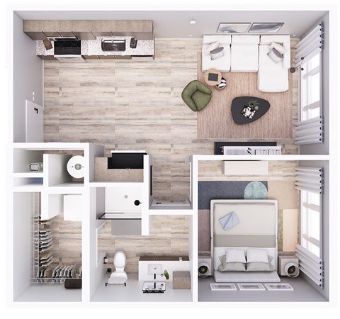 Floor plan for 1 bed, 1 bath, 636 sqft