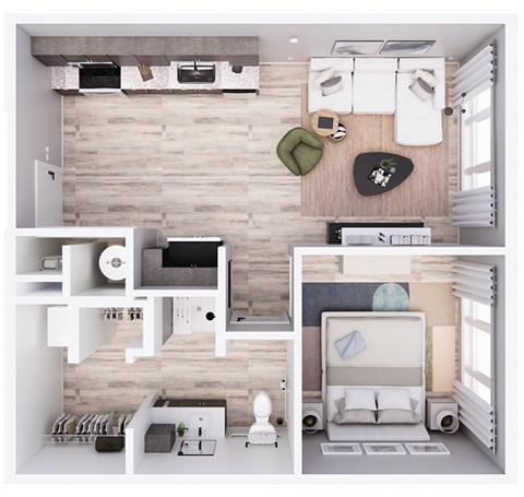 Floor plan for 1 bed, 1 bath, 624 sqft