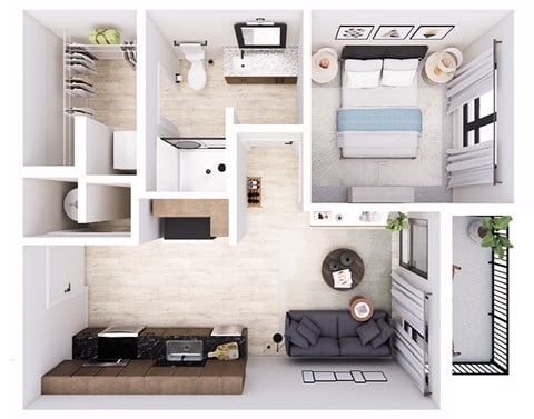 Floor plan for 1 bed, 1 bath, 524 sqft