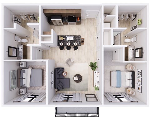Floor plan for 2 beds, 2 baths, 992 sqft