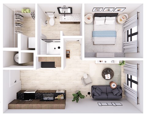 Floor plan for 1 bed, 1 bath, 553 sqft