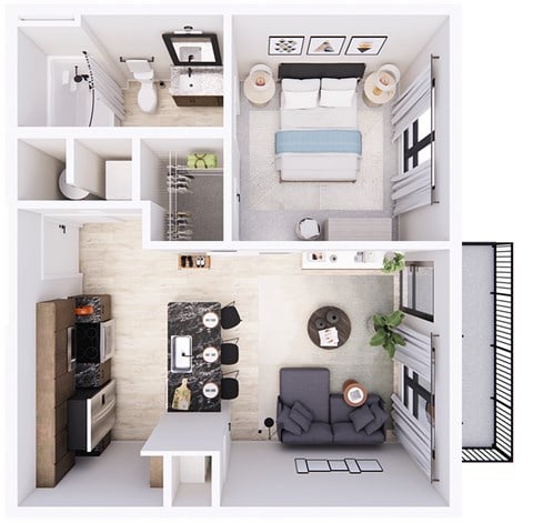 Floor plan for 1 bed, 1 bath, 566 sqft