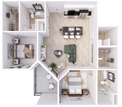 Floor plan for 2 beds, 2 baths, 1005 sqft