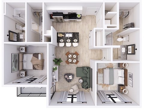 Floor plan for 2 beds, 2 baths, 910 sqft