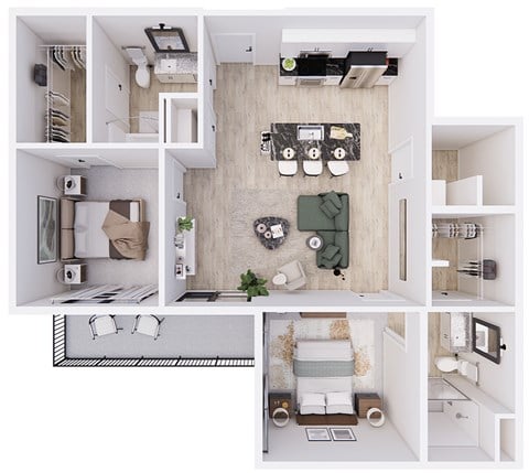 Floor plan for 2 beds, 2 baths, 1006 sqft