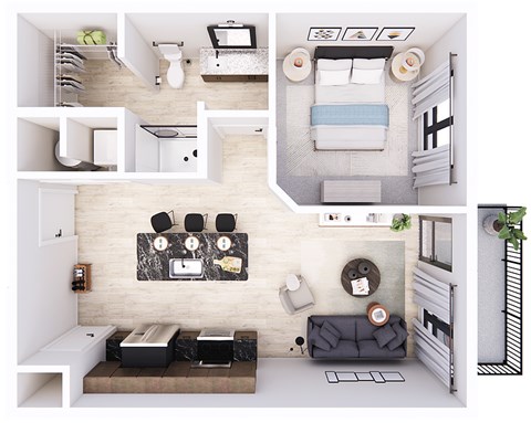 Floor plan for 1 bed, 1 bath, 614 sqft