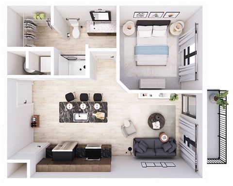 Floor plan for 1 bed, 1 bath, 614 sqft