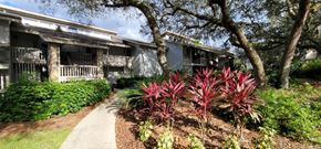 Haines City apartment for rent - A pathway leads to a building with a balcony and a tree in front.