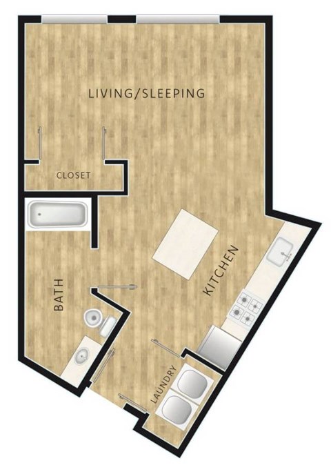 Floor plan for studio, 1 bath, 588 sqft