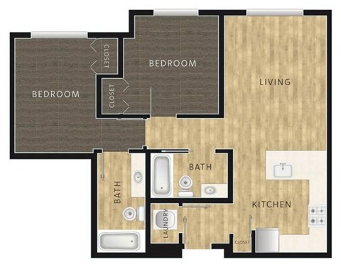 Floor plan for 2 beds, 2 baths, 840 sqft