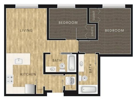 Floor plan for 2 beds, 2 baths, 781 sqft