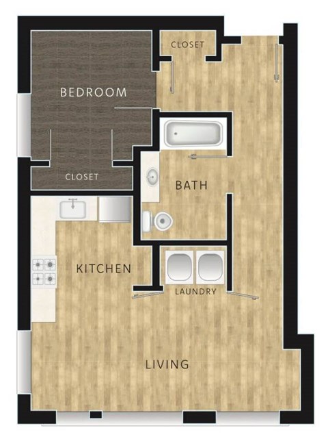 Floor plan for 1 bed, 1 bath, 596 sqft